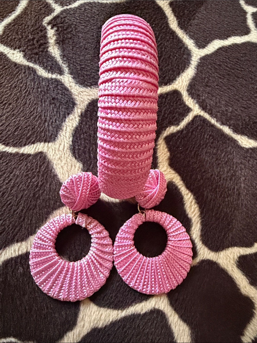 Vintage Pink Raffia Earrings and Earrings Set